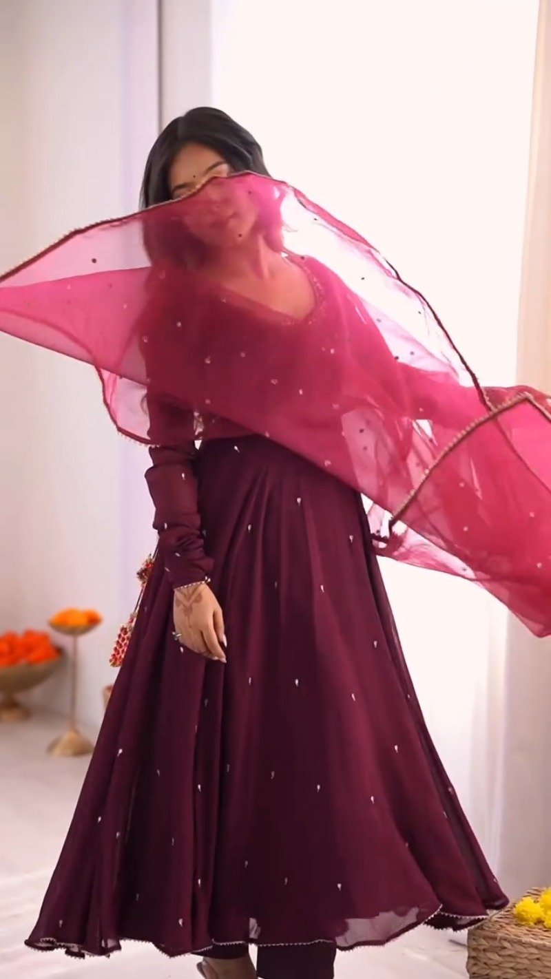 Enchanting Wine Red Embroidered Anarkali Suit Set