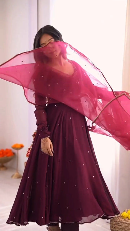 Enchanting Wine Red Embroidered Anarkali Suit Set