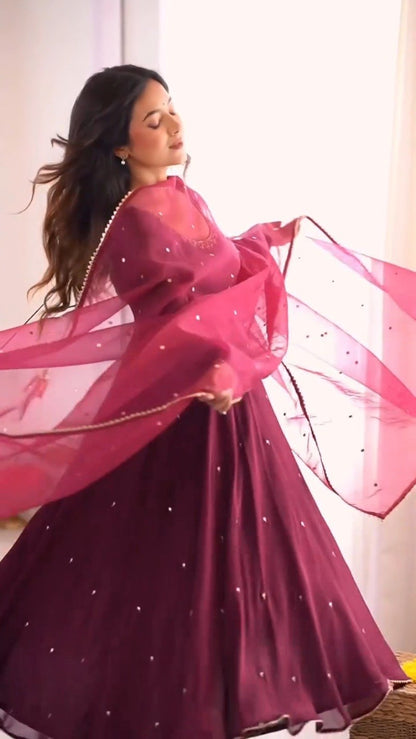 Enchanting Wine Red Embroidered Anarkali Suit Set