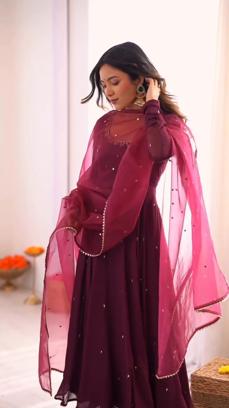 Enchanting Wine Red Embroidered Anarkali Suit Set