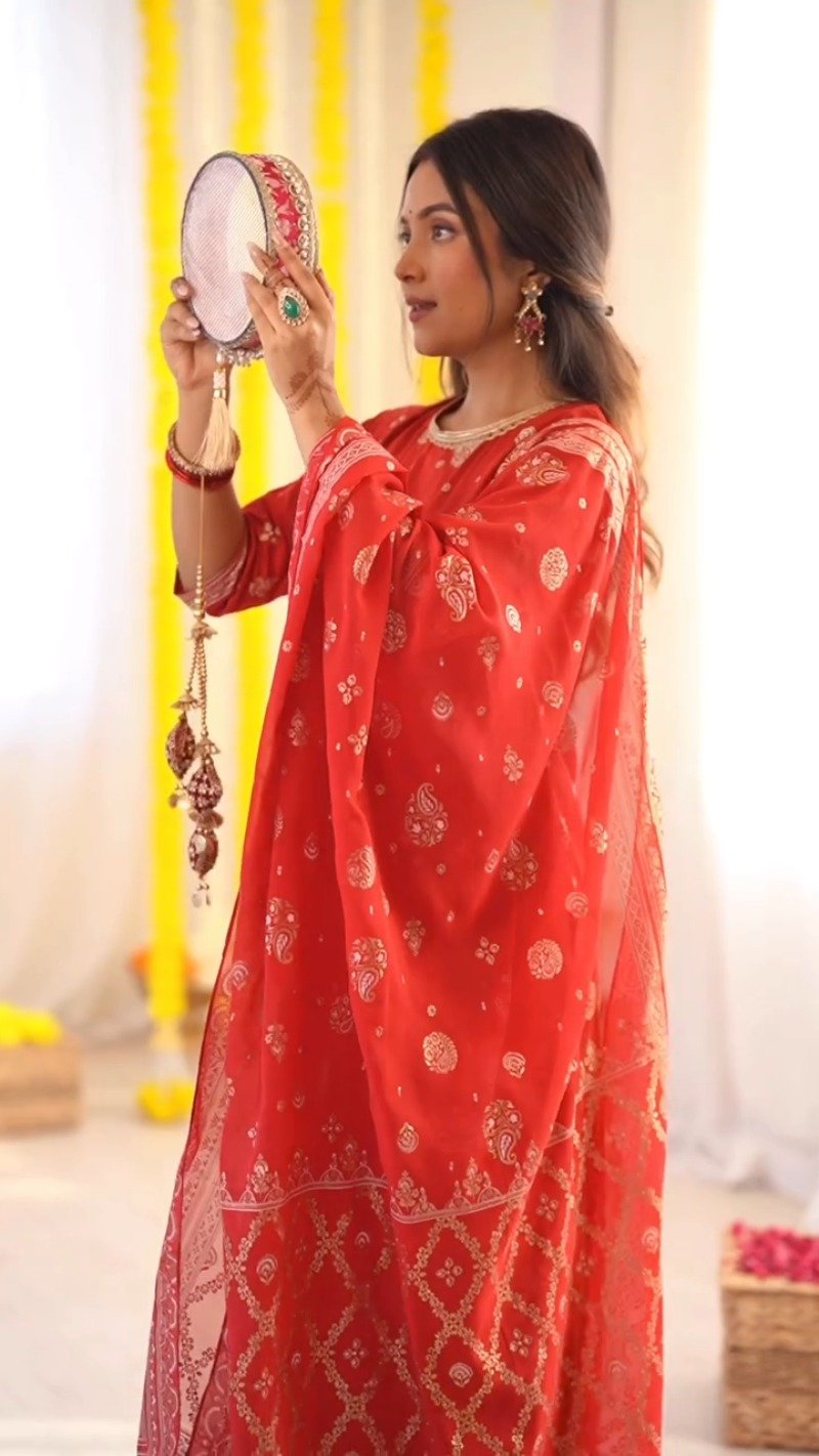 Radiant Ruby Festive Kurta & Sharara Set with Floral Embroidery – Available in Crimson Red & Sunset Scarlet