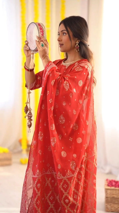 Radiant Ruby Festive Kurta & Sharara Set with Floral Embroidery – Available in Crimson Red & Sunset Scarlet