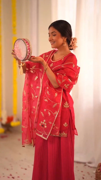 Radiant Ruby Festive Kurta & Sharara Set with Floral Embroidery – Available in Crimson Red & Sunset Scarlet