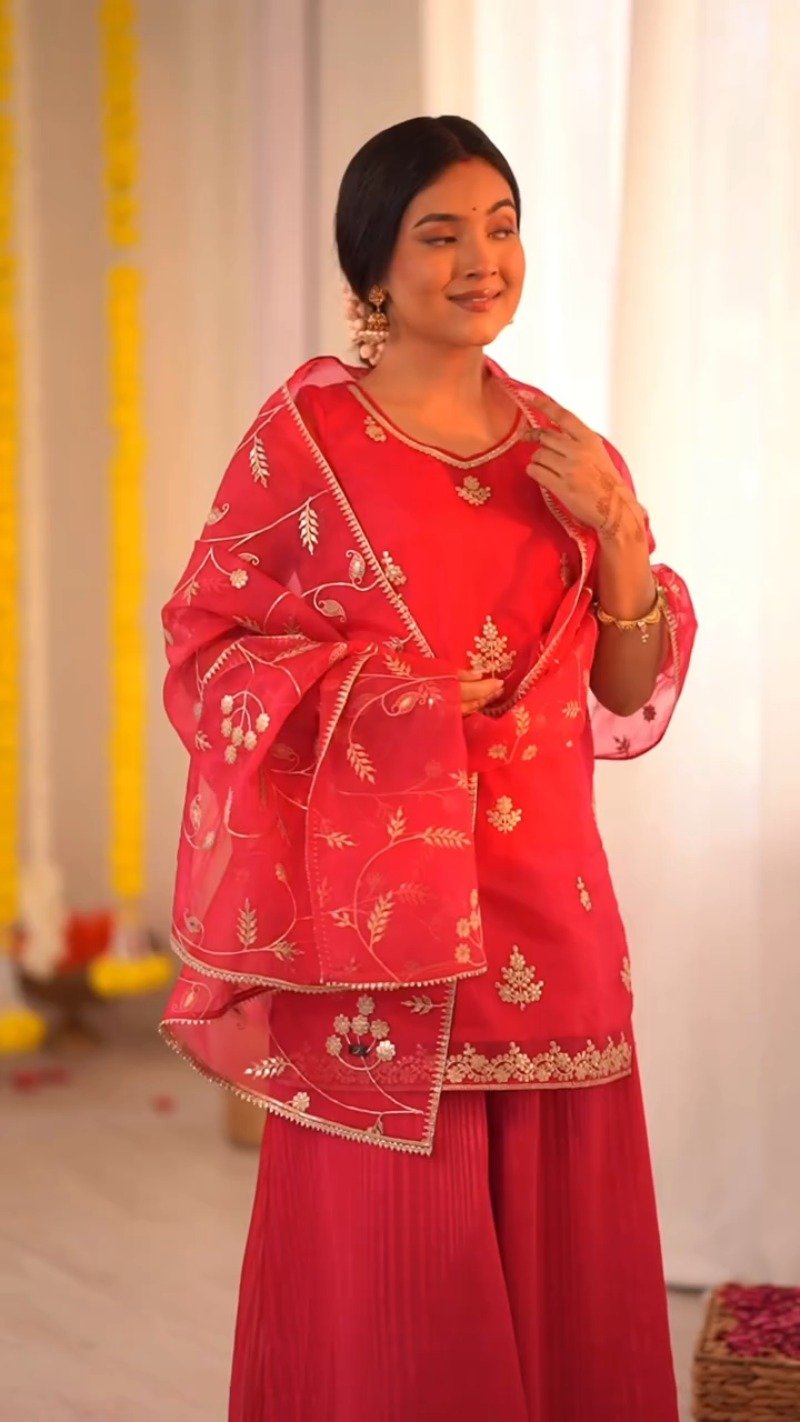 Radiant Ruby Festive Kurta & Sharara Set with Floral Embroidery – Available in Crimson Red & Sunset Scarlet