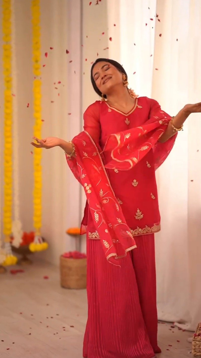 Radiant Ruby Festive Kurta & Sharara Set with Floral Embroidery – Available in Crimson Red & Sunset Scarlet
