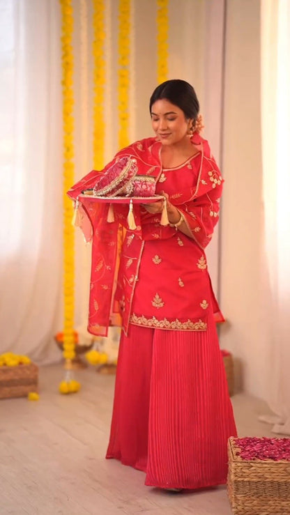 Radiant Ruby Festive Kurta & Sharara Set with Floral Embroidery – Available in Crimson Red & Sunset Scarlet