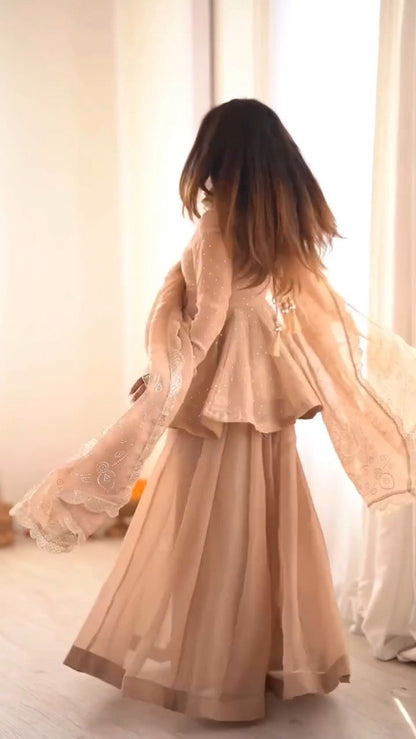 Ethereal Blush Peplum Sharara Set with Scalloped Dupatta