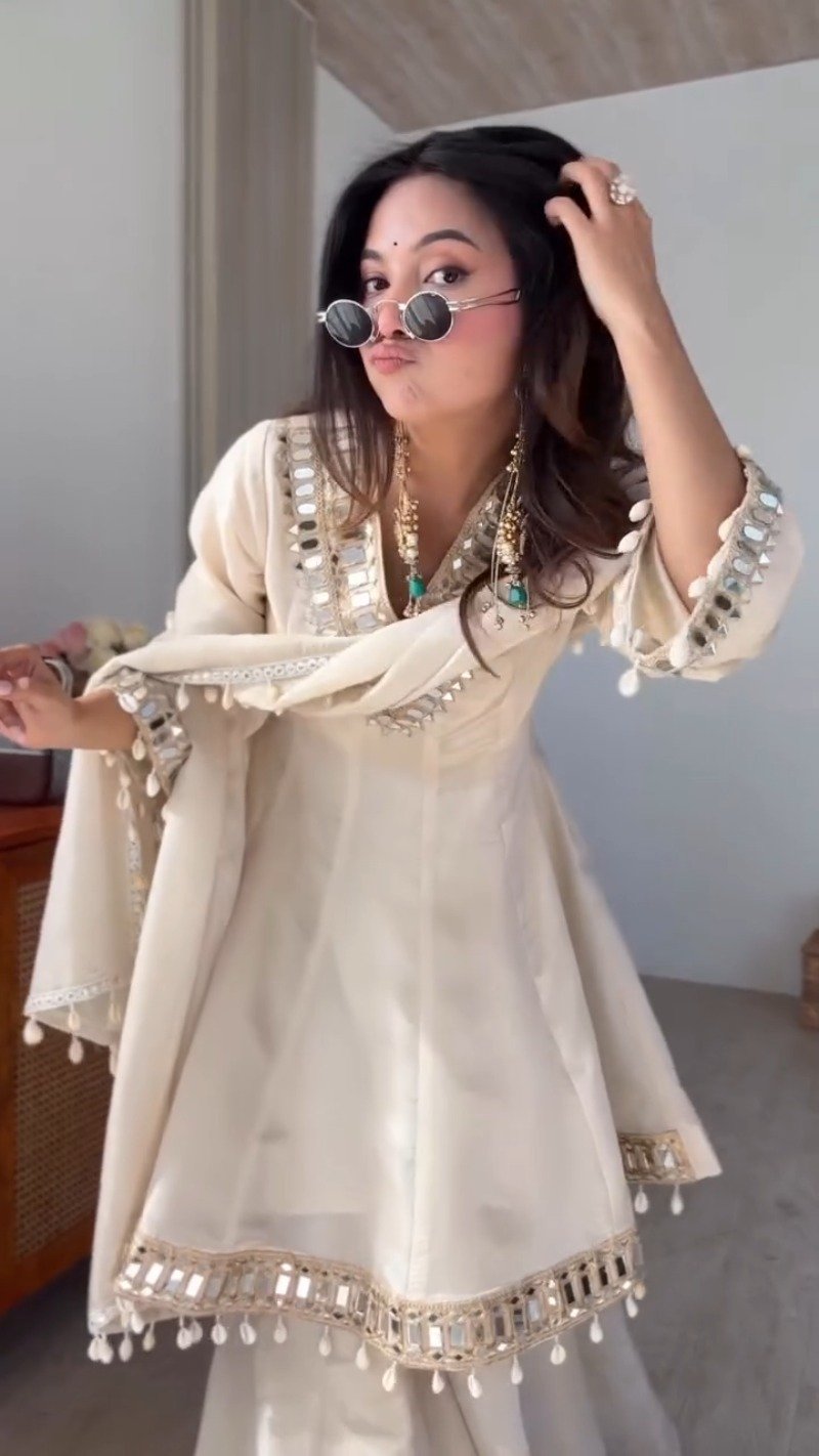 Ethereal Ivory Mirror-Work Peplum Kurta Set