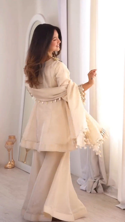 Ethereal Ivory Mirror-Work Peplum Kurta Set