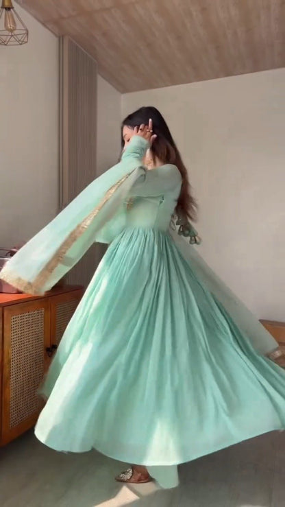 Ethereal Mint Green Embroidered Anarkali Set with Shimmering Dupatta