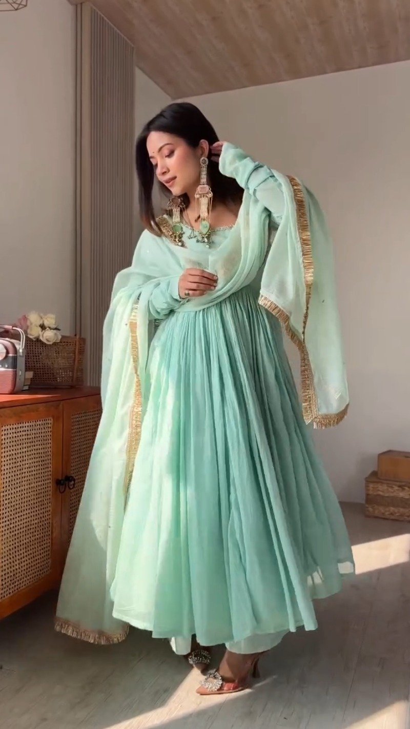 Ethereal Mint Green Embroidered Anarkali Set with Shimmering Dupatta