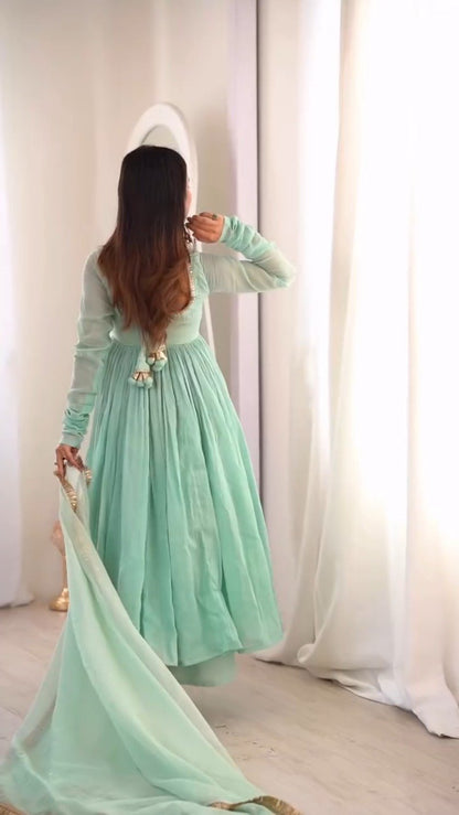 Ethereal Mint Green Embroidered Anarkali Set with Shimmering Dupatta