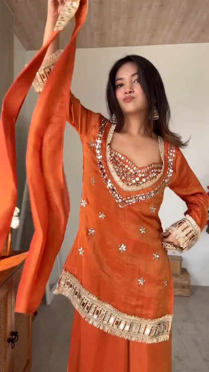 Amber Radiance Mirror-Work Kurta & Sharara Set