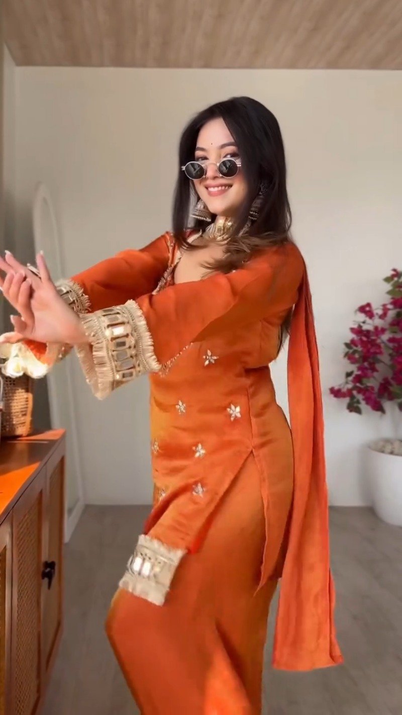 Amber Radiance Mirror-Work Kurta & Sharara Set