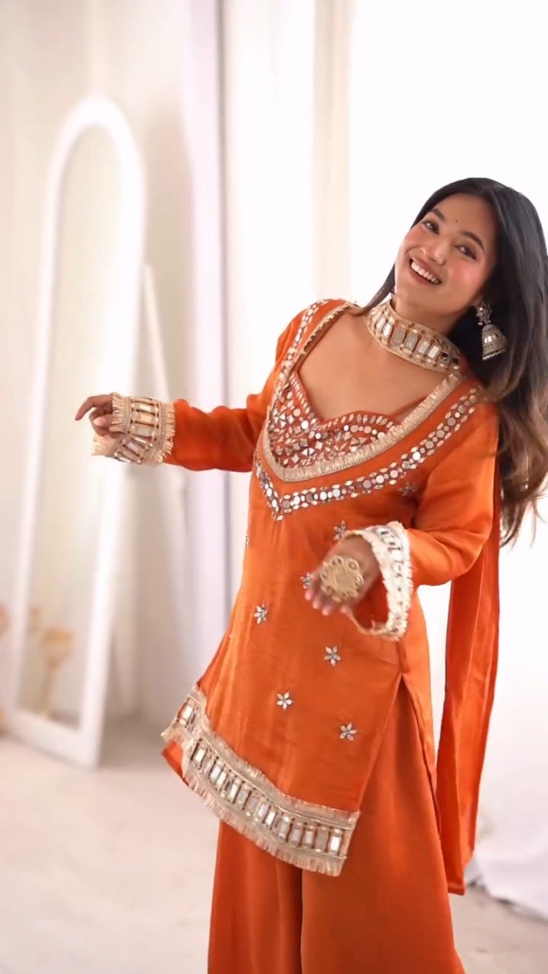 Amber Radiance Mirror-Work Kurta & Sharara Set