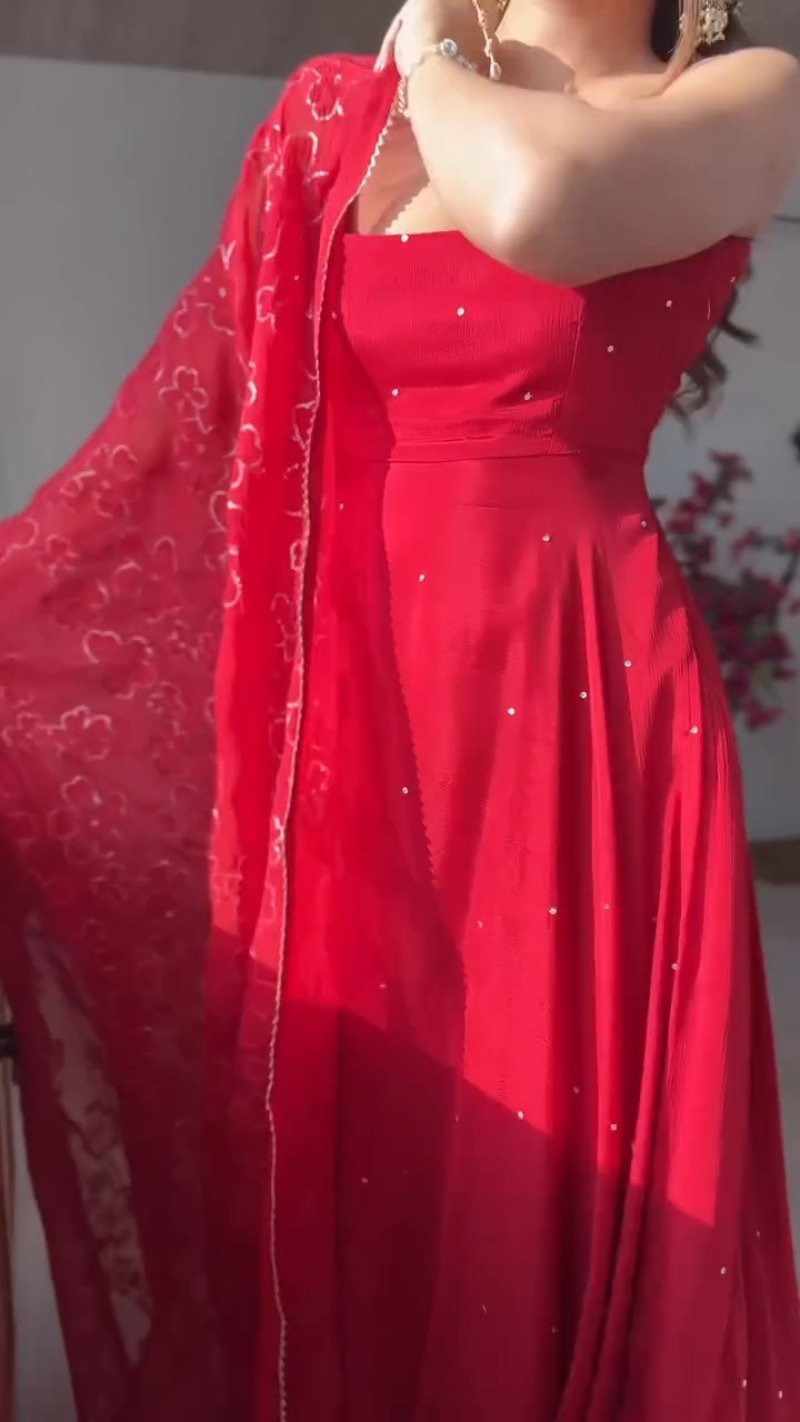 Astra Ruby Red Flowing Maxi Kurta Set with Mirror Embellishments
