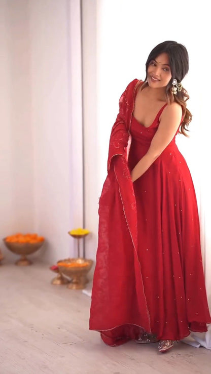 Astra Ruby Red Flowing Maxi Kurta Set with Mirror Embellishments