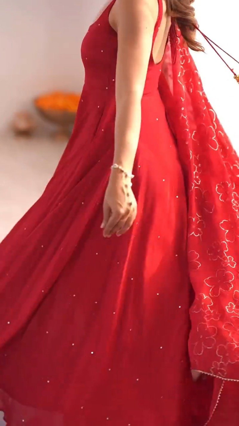 Astra Ruby Red Flowing Maxi Kurta Set with Mirror Embellishments