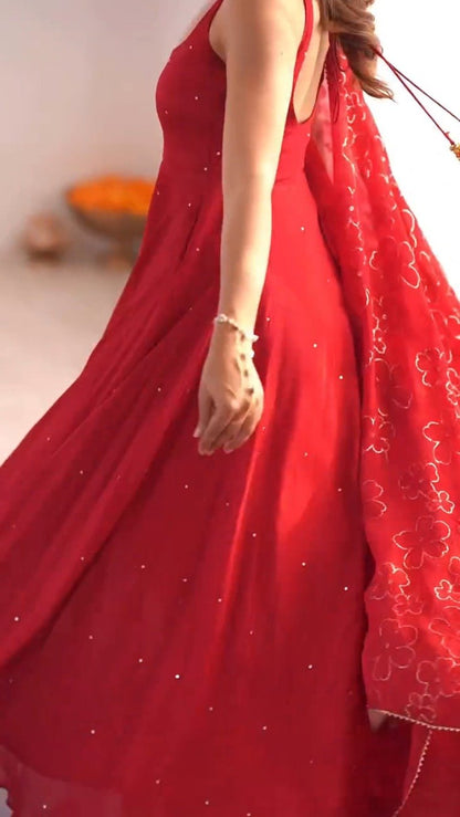 Astra Ruby Red Flowing Maxi Kurta Set with Mirror Embellishments
