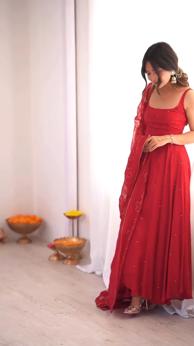Astra Ruby Red Flowing Maxi Kurta Set with Mirror Embellishments