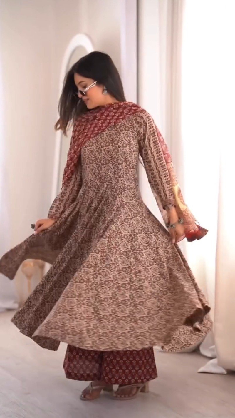 Elegant Floral Print Anarkali Kurta Set with Dupatta – Available in Deep Plum & Midnight Blue