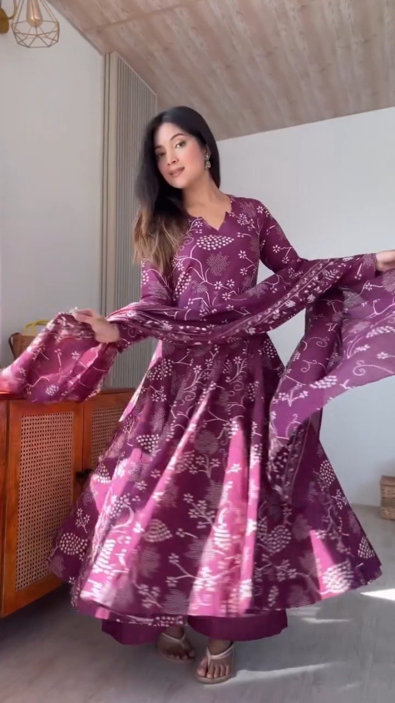Elegant Floral Print Anarkali Kurta Set with Dupatta – Available in Deep Plum & Midnight Blue