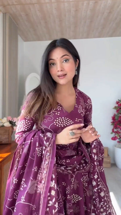 Elegant Floral Print Anarkali Kurta Set with Dupatta – Available in Deep Plum & Midnight Blue