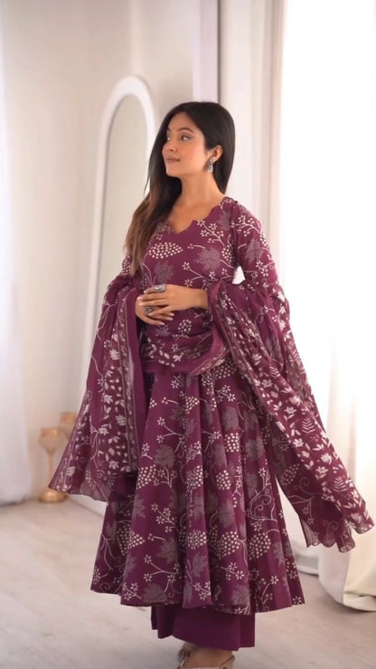 Elegant Floral Print Anarkali Kurta Set with Dupatta – Available in Deep Plum & Midnight Blue