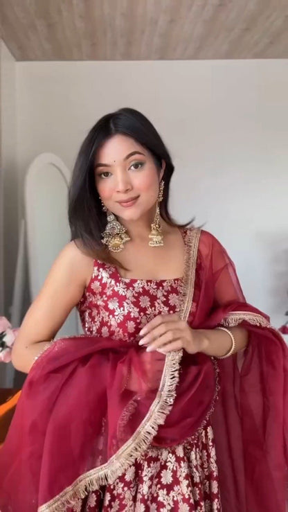 Royal Maroon Floral Brocade Lehenga Set with Metallic Border
