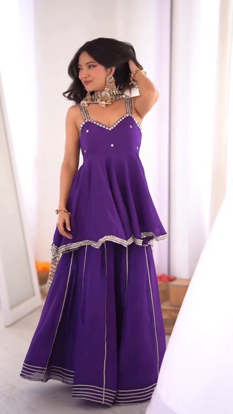 Royal Violet Mirror-Work Peplum Sharara Set