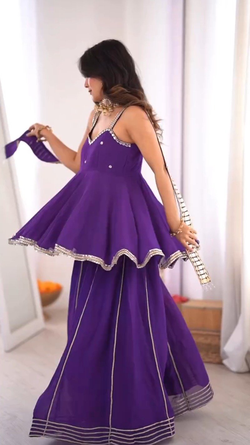 Royal Violet Mirror-Work Peplum Sharara Set