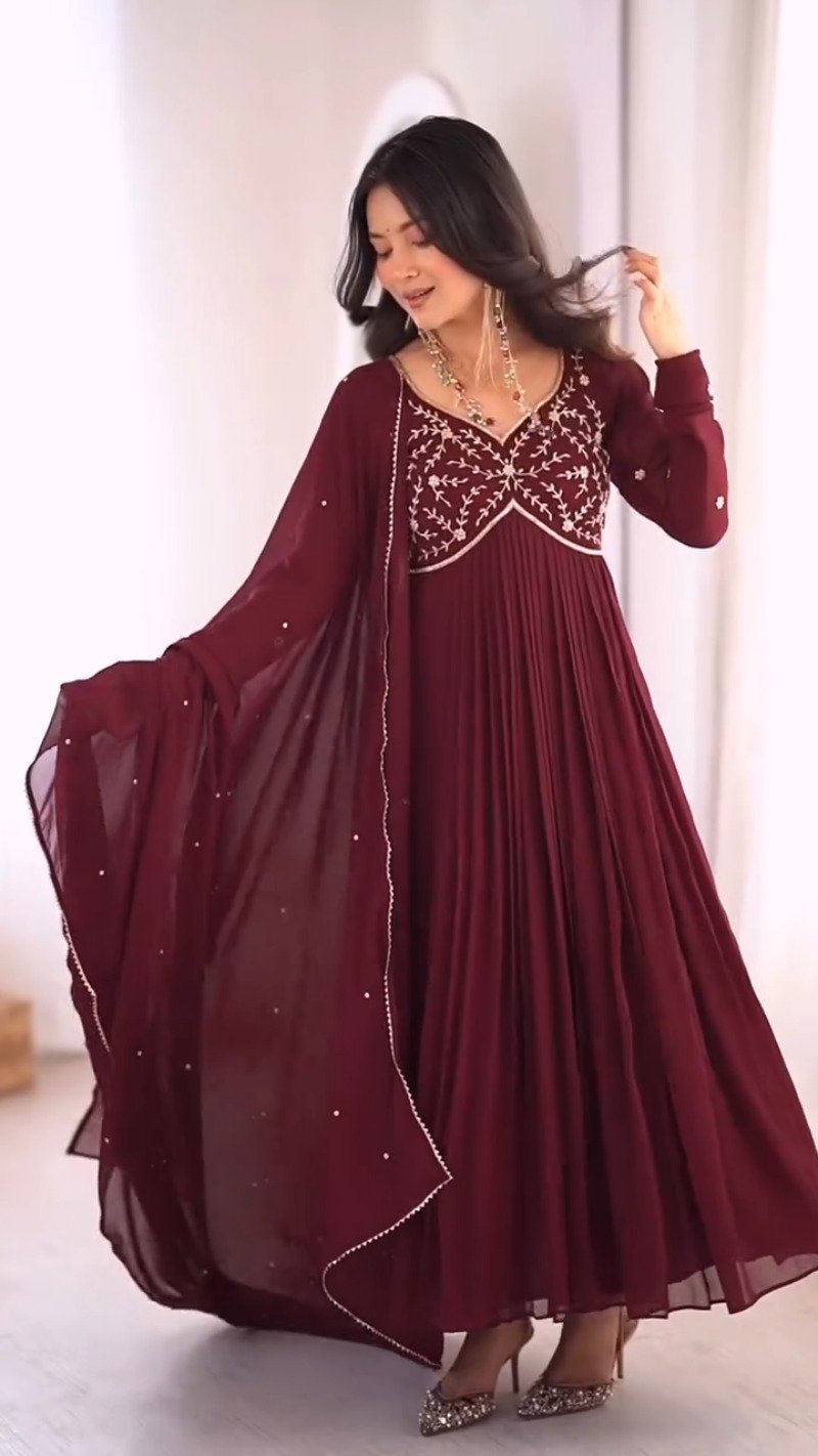 Royal Maroon Pleated Anarkali Suit with Embroidered Yoke & Delicate Detailing