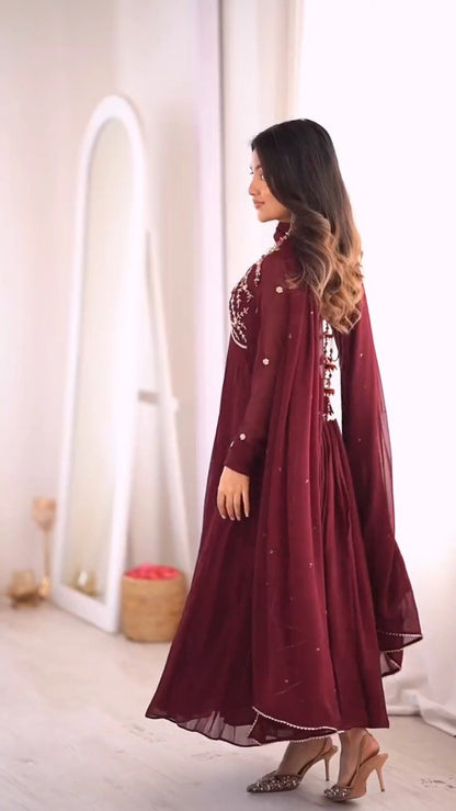 Royal Maroon Pleated Anarkali Suit with Embroidered Yoke & Delicate Detailing
