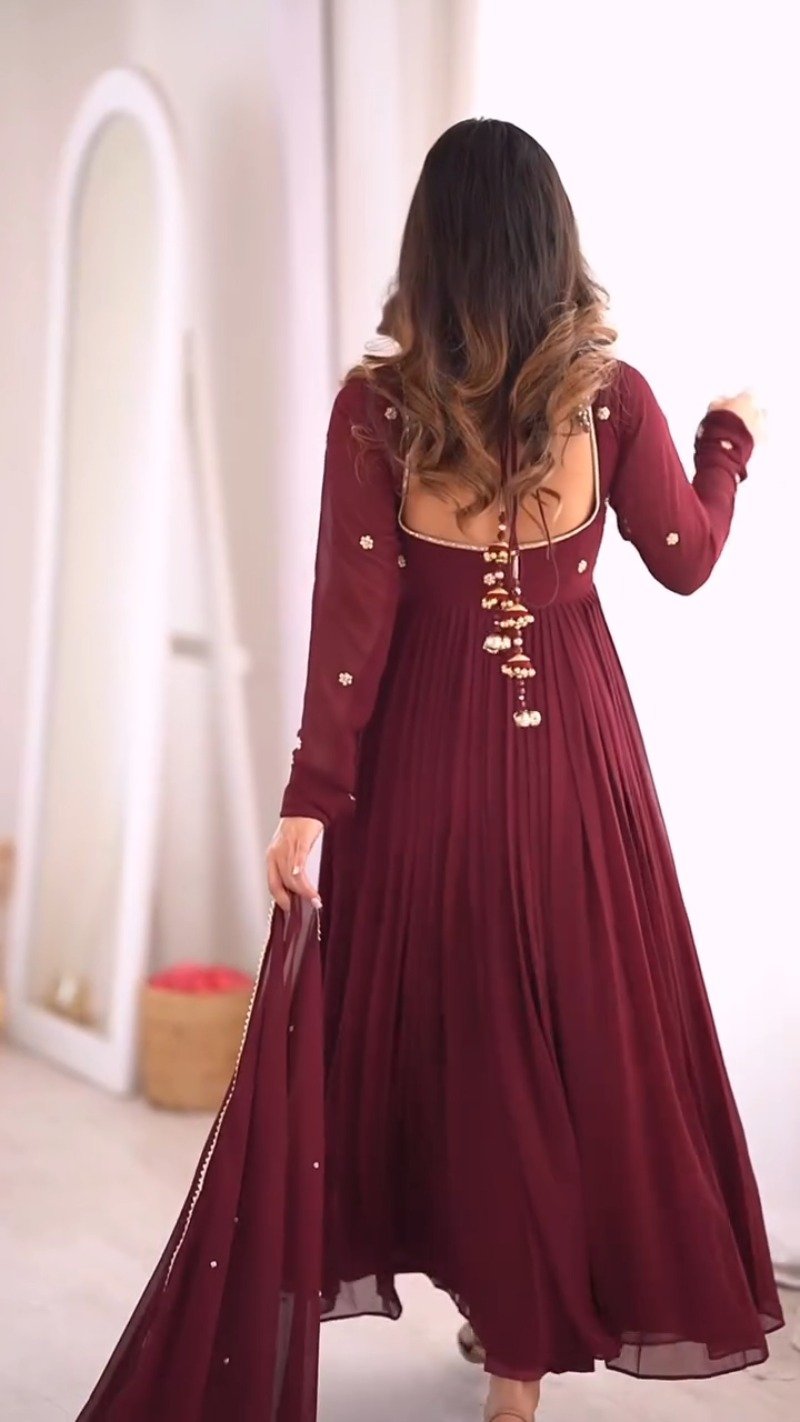 Royal Maroon Pleated Anarkali Suit with Embroidered Yoke & Delicate Detailing