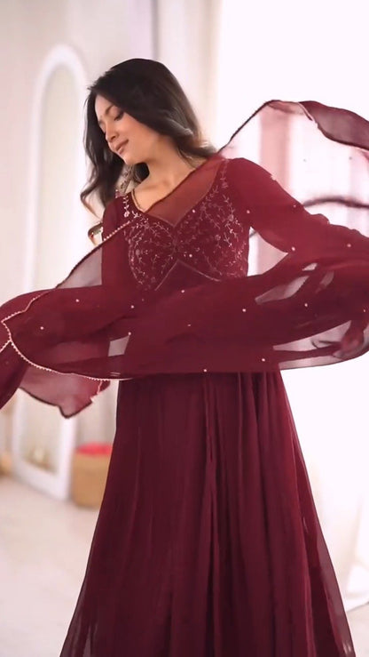 Royal Maroon Pleated Anarkali Suit with Embroidered Yoke & Delicate Detailing