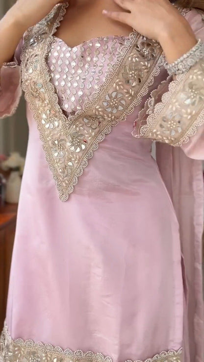 Ethereal Pastel Pink Mirror-Work Kurta & Palazzo Set