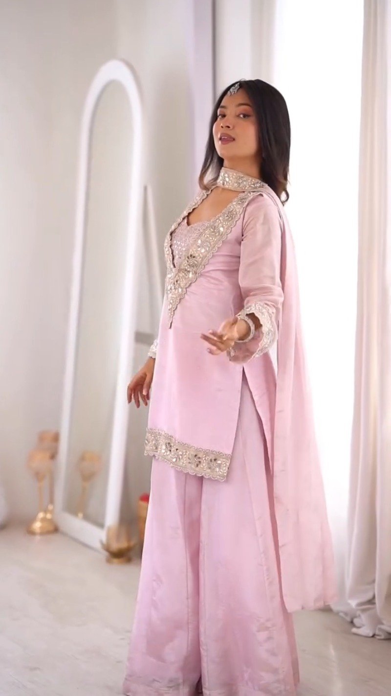 Ethereal Pastel Pink Mirror-Work Kurta & Palazzo Set