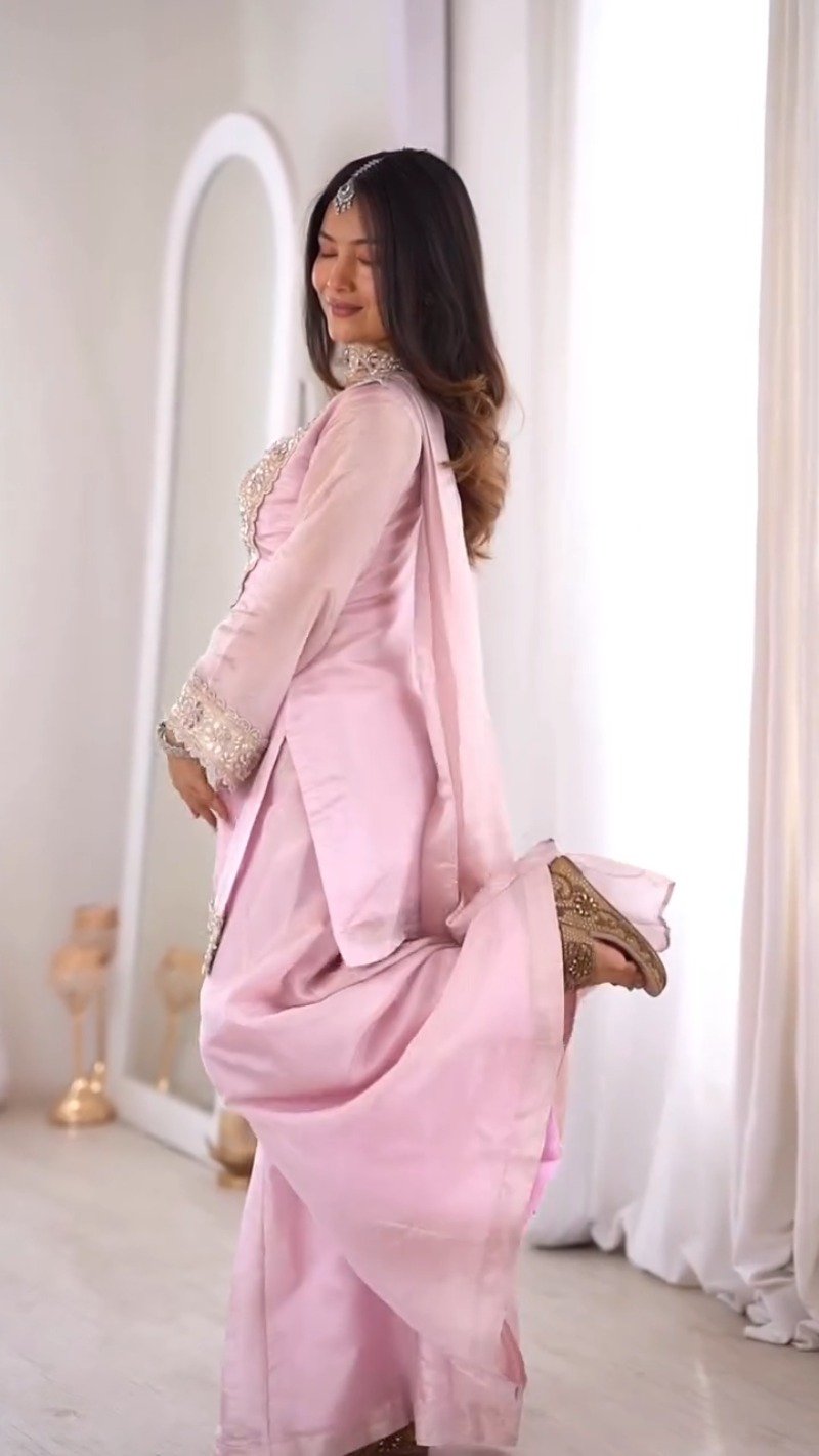 Ethereal Pastel Pink Mirror-Work Kurta & Palazzo Set