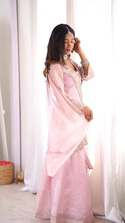 Ethereal Pastel Pink Mirror-Work Kurta & Palazzo Set