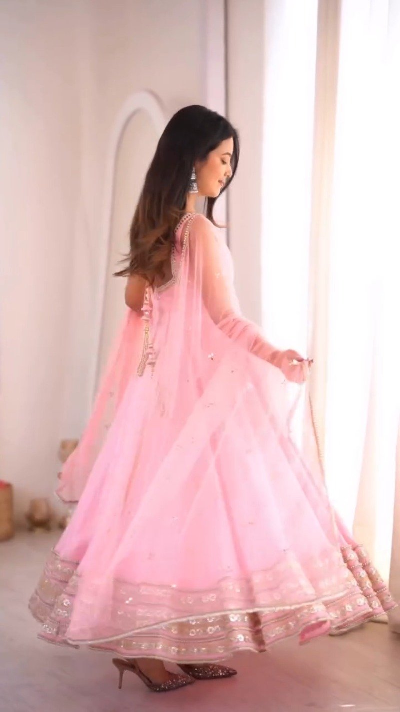 Ethereal Pastel Pink Sleeveless Anarkali Set with Shimmering Border