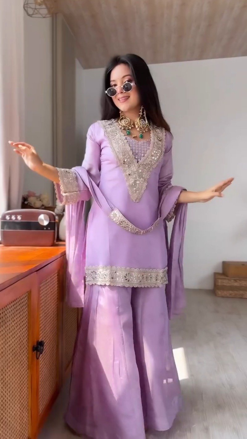 Lavish Lavender Organza Sharara Set with Scalloped Handwork Embroidery