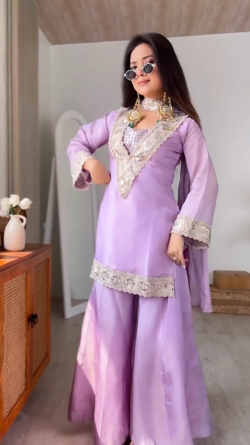 Lavish Lavender Organza Sharara Set with Scalloped Handwork Embroidery