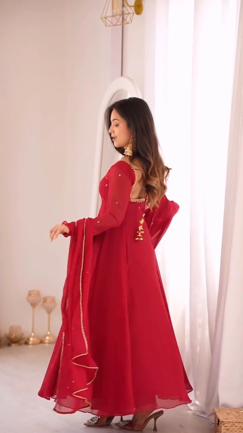 Scarlet Radiance Floor-Length Anarkali Set with Embellished Neckline