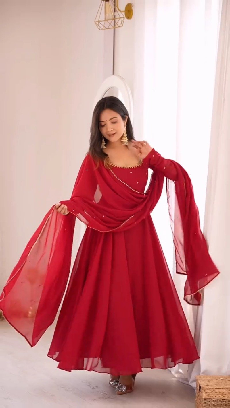 Scarlet Radiance Floor-Length Anarkali Set with Embellished Neckline