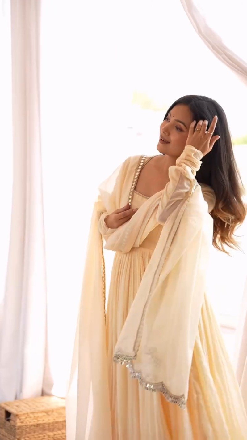Ethereal Cream Mirror-Work Anarkali Set