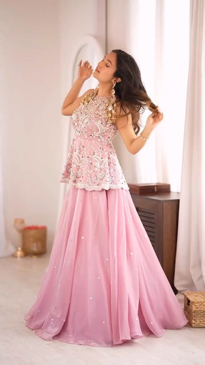 Enchanting Petal Pink Embroidered Peplum Top and Lehenga Set