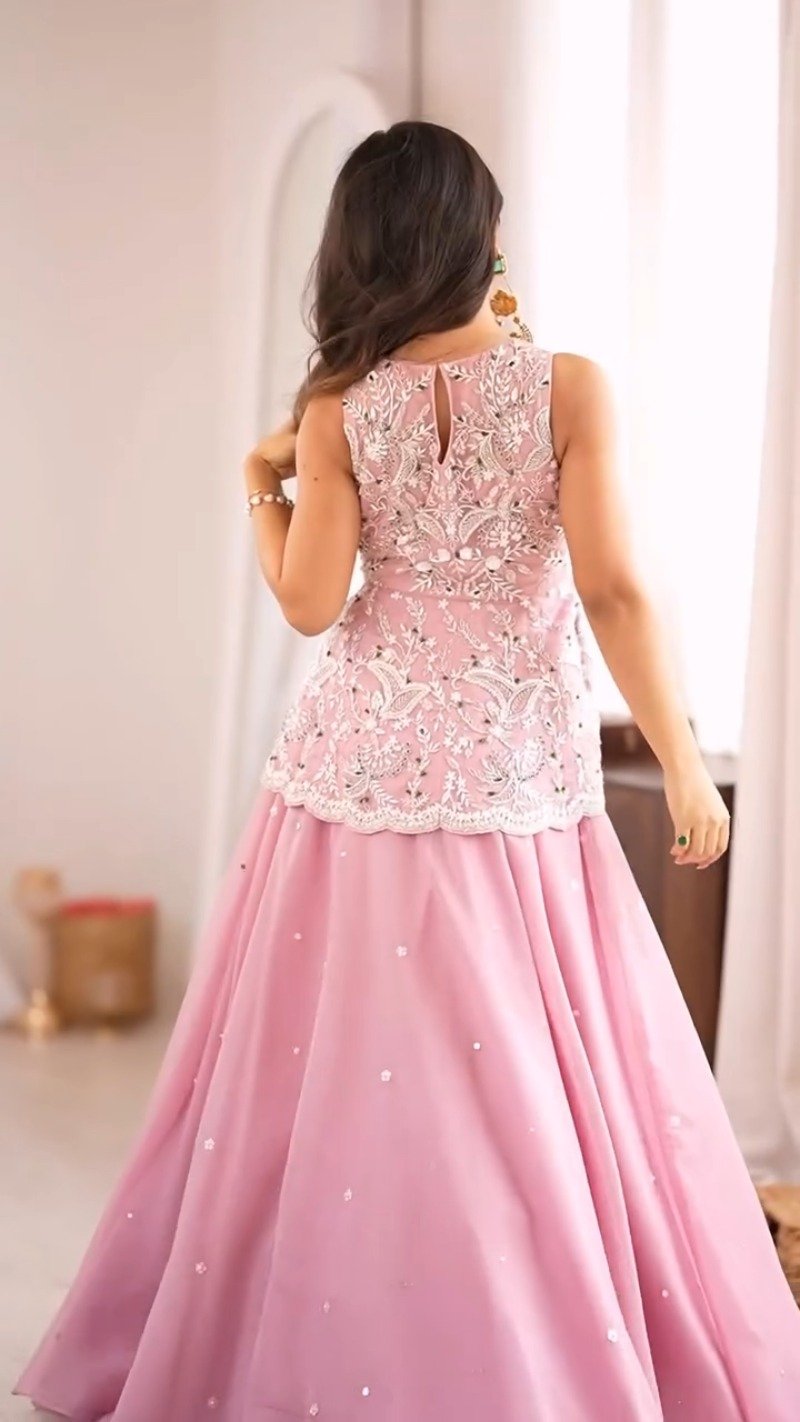 Enchanting Petal Pink Embroidered Peplum Top and Lehenga Set