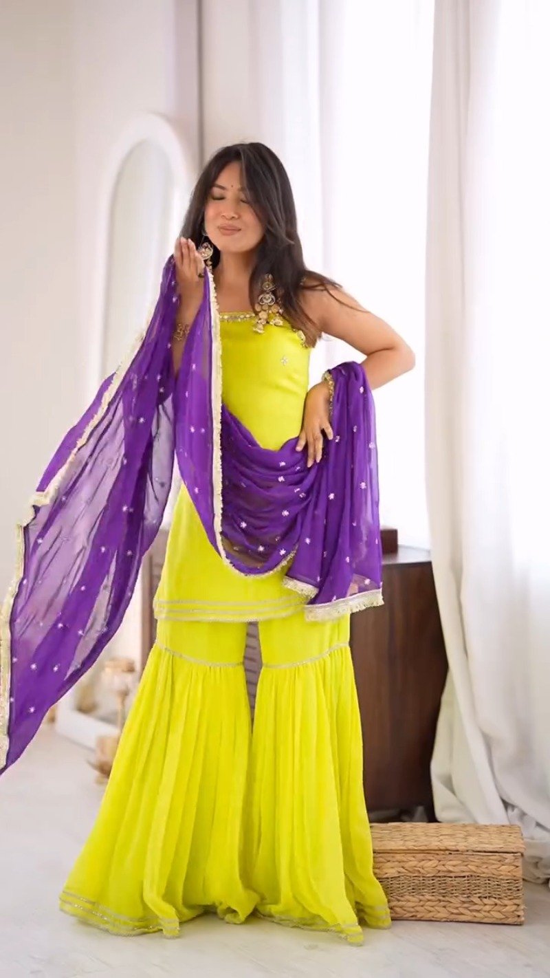 Vibrant Lime Green Sharara Set with Contrast Purple Dupatta – Ethnic Festive Ensemble