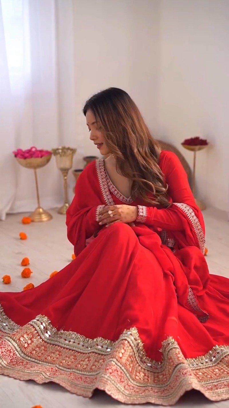 Scarlet Radiance Embroidered Georgette Anarkali Gown