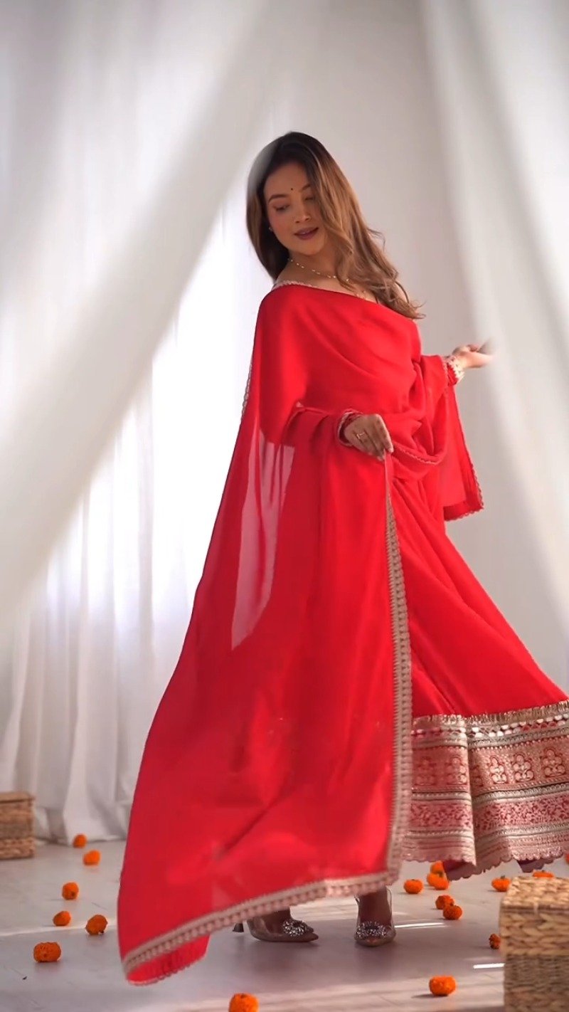 Scarlet Radiance Embroidered Georgette Anarkali Gown